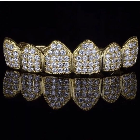 14K ICED OUT Quality Gold Cz Diamond Grillz Set - Picture 3 of 4